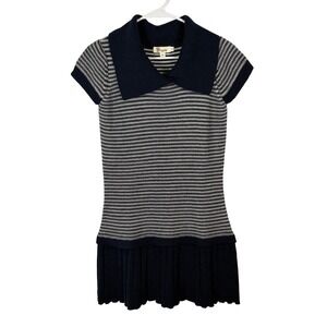 Aryeh Navy Blue White Striped Knit Dress Short Sleeve Pleated Drop Waist Medium